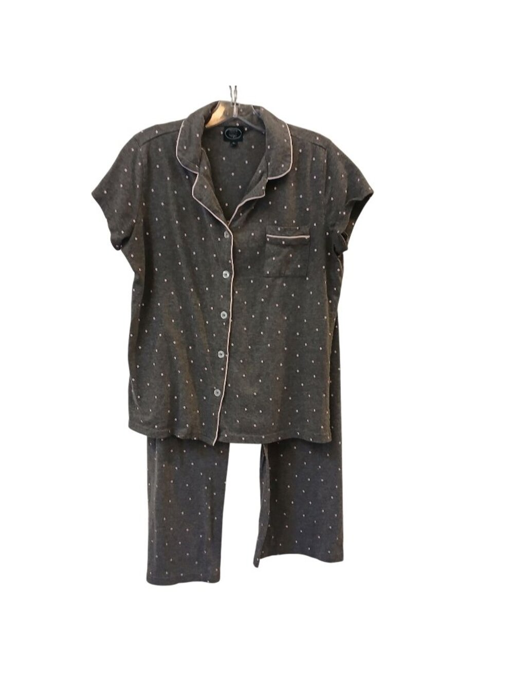 Laura Ashley Womens Medium Gray Pajama Set Polka Dots Piping Short SleeveTop V38